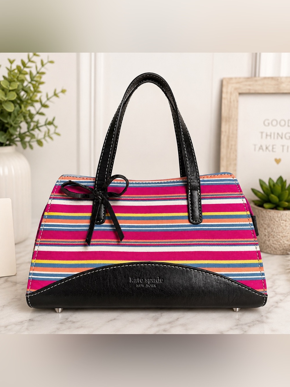 Kate Spade Striped Canvas Bow Satchel Tote Pink Black Y2K Vintage Bag